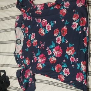 Navy and pink floral cold shoulder top.